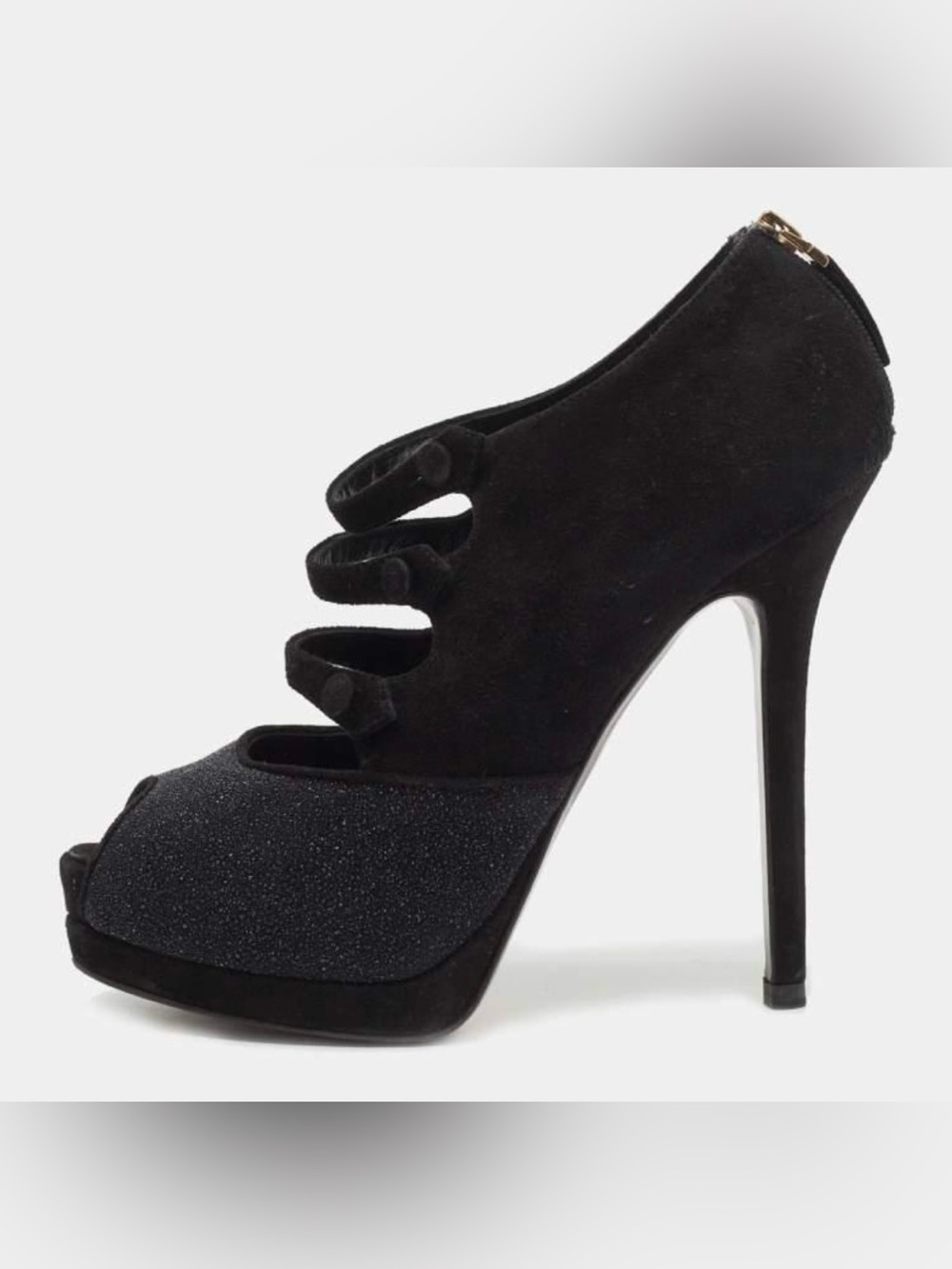 Fendi Black Suede Glitter Peep Toe Platform Booties EU 38.5